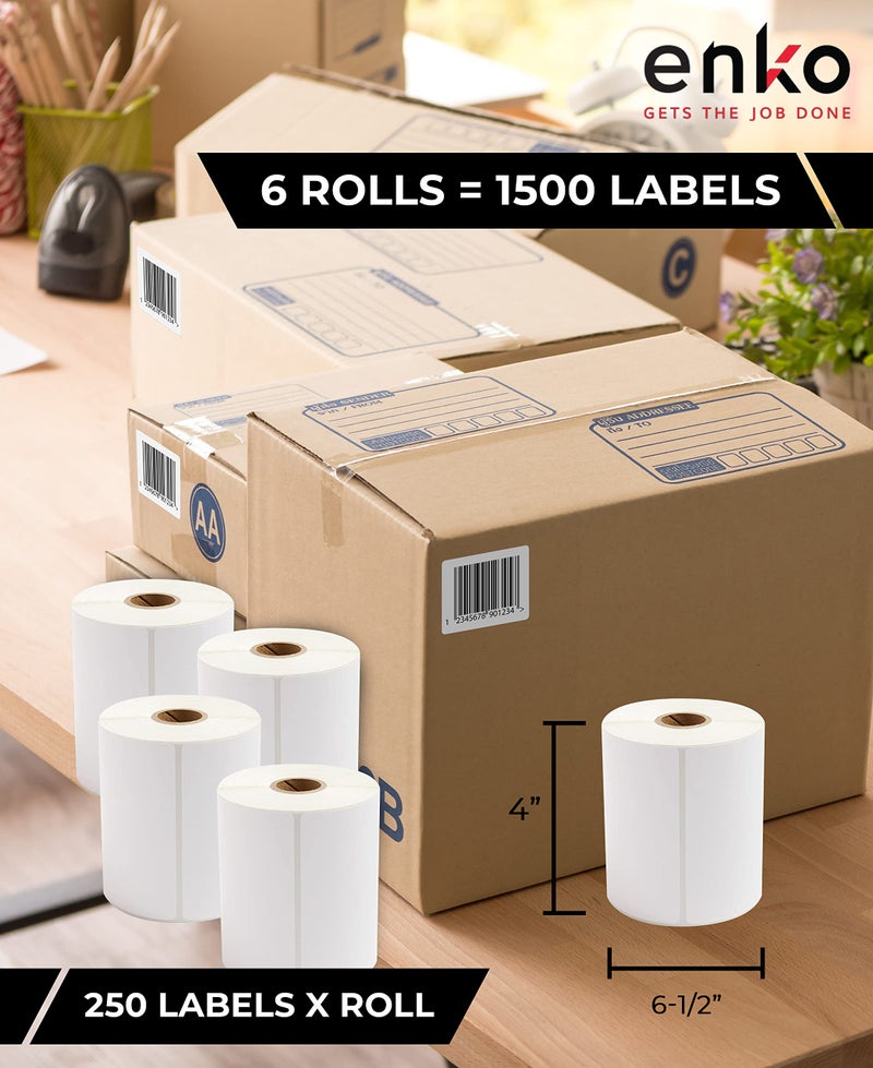 enKo Products enKo - Direct Thermal Labels Compatible for Zebra/Rollo 4x6 Label (4" x 6.5") 1 in Core - (6 Roll, 1500 Labels) - Image 2